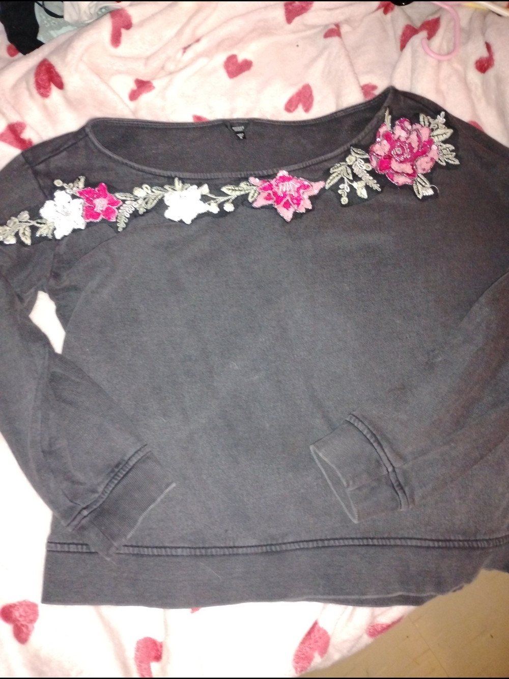 Guess Dark Gray Crewneck Sweater with Pink & White Floral Appliqué